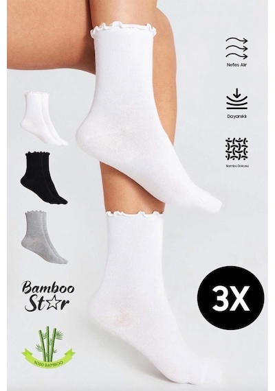 Bamboo Star Bambu Kadın Fırfırlı Lastiksiz Dikişsiz Kadın Soket 3'lü Asorti Çorap/iz Bırakmaz/sıkmayan Çorap Beyaz - Gri - Siyah Bamboo Star Bambu Kadın Fırfırlı Lastiksiz Dikişsiz Kadın Soket 3'lü Asorti Çorap/iz Bırakmaz/sıkmayan Çorap Beyaz - Gri - Siyah