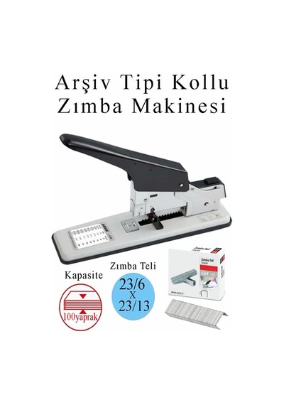 Büyük Boy 1 Adet Arşiv Tipi Zımba Makinası 100 Sayfa Kapasiteli Zımba Teli Hediyeli Kollu
