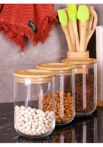 Duo 900ml 3'lü Saklama Kabı-bambu Kapaklı Cam Baharatlık