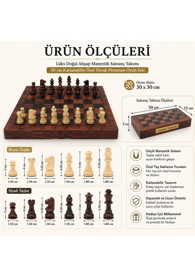 Kişiye Özel İsimli Lüks Ahşap Manyetik Satranç Takımı 30 Cm Katlanır Özel Yuvalı Premium Oyun Seti