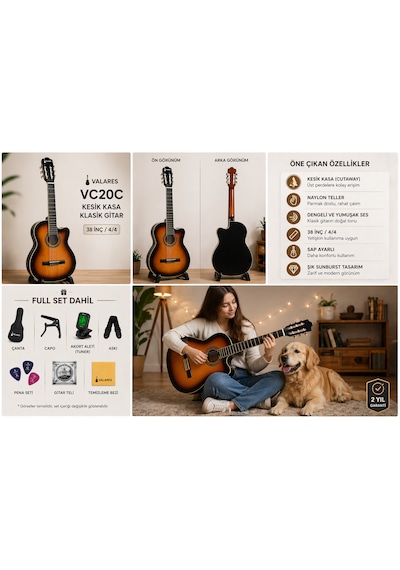 Valares Vc20c Kesik Kasa Klasik Gitar 38 İnç 4/4 Yetişkin Üst Segment Çanta Capo Askı Pena Tuner Sunburst