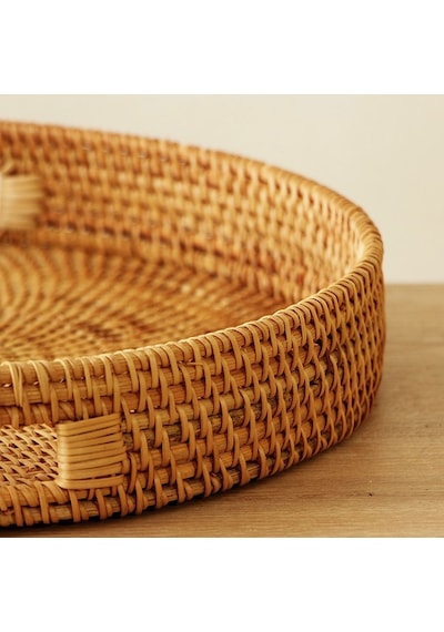 Bohem Rattan Kulplu Yuvarlak Tepsi 35x6 Cm Large, Iskandinav, Modern