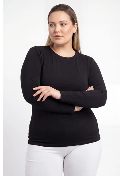 Hadpols Premium Düz Renk Tekstil Stil Kadın Büyük Beden Bisiklet Yaka Uzun Kollu Body siyah