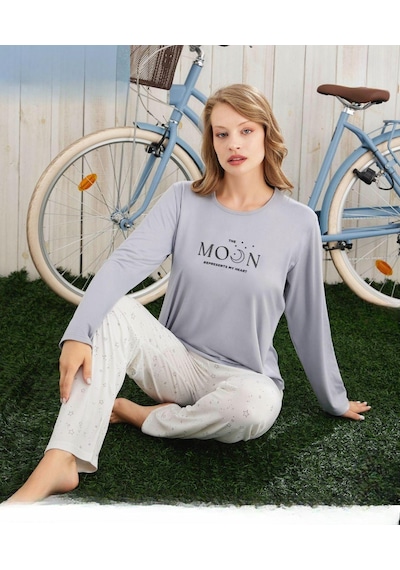 Pijamoni Kadın Milan Bisiklet Yaka Uzun Kol İnce Pijama Takımı 7600/24 - 1 Adet Gri