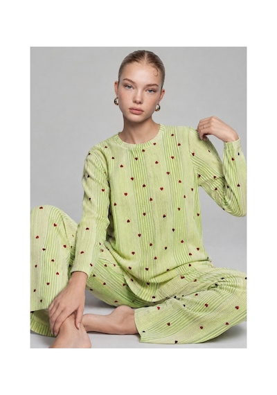 Fit Women Kadın Çizgili Kalp Desenli Uzun Yeşil Pijama Takımı