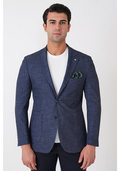 Slim Fit Çift Yırtmaçlı Torba Cep Esenk Yünlü Lacivert Ceket C 752