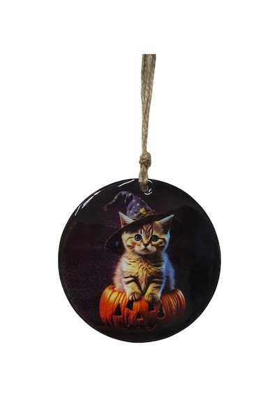 Sihirbaz Kedi Temalı Cam Kapı Süsü - Hediyelik Halloween Dekorasyonu - 12 Cm