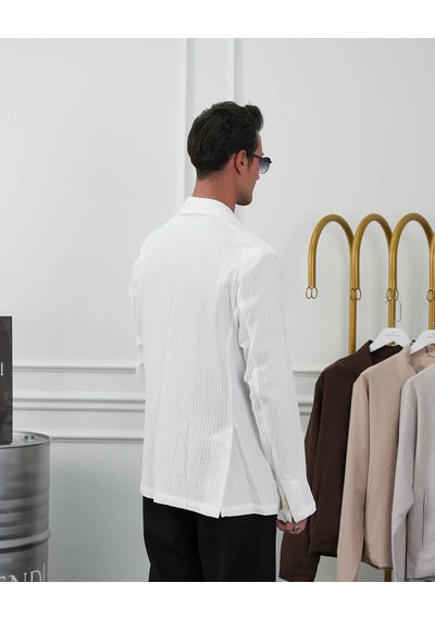 Modefendi %100 Pamuk Keten Modern Fit Keten Ceket Beyaz