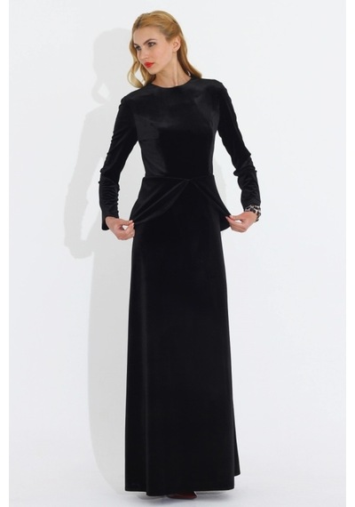 Nidya Moda Büyük Beden Kadife Peplum Elbise-4044S Siyah