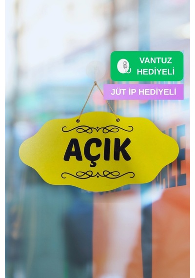 Dekoratif Açık-kapalı Tabelası Jüt İp Ve Vantuz Hediyeli - Sarı