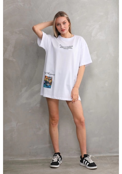 Primemagazam Kadın Bisiklet Yaka Baskılı Oversize T-shirt - Beyaz Çeşitli