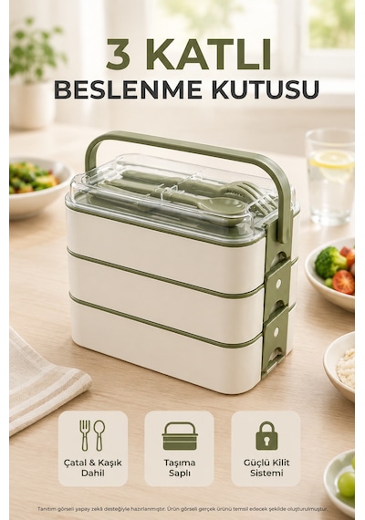 Yeşil 3 Katlı Beslenme Kutusu Çatal Kaşık Dahil Kilitli Kapaklı Taşıma Saplı Yemek Saklama Kabı Seti