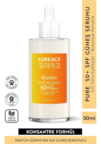 Koreaco Blocker %100 Saf SPF 50+ Suya Dayanıklı Yüksek UVB+UVA Korumalı 50ml Güneş Serumu