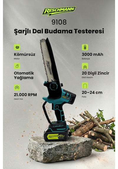 R-9108 Profesyonel Kömürsüz Motor Şarjlı Dal Budama Testeresi - 21v 3ah Çift Bataryalı, Otomatik Yağlamalı