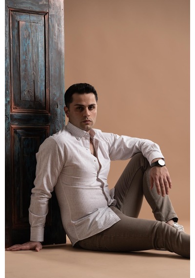 Evrytime Slimfit Yaka Düğmeli Çizgili Uzun Kol Yazlık Erkek Gömlek 001