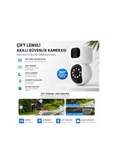 Uninet Full Hd Çift Kameralı Wifi Akıllı Kamera Gece Görüşü, Hareket Bildirimi Ve Telefonla Uzaktan Izleme Ve 355 Derece Döner Başlıklı Ptz Kamera
