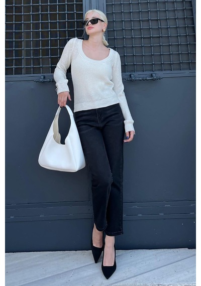 Madmext Bej Bisiklet Yaka Basic Örme Kazak Mg2189 Bej
