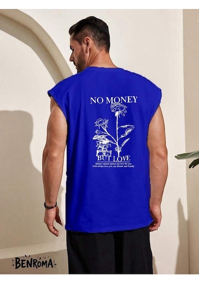 No Money But Love Baskılı Kolsuz Tişört Saks Mavisi