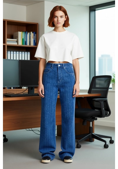 Ersefa Kadın Dokulu Wide Leg Denim Pantolon Fonksiyonel Dayanıklı Kalite mavi