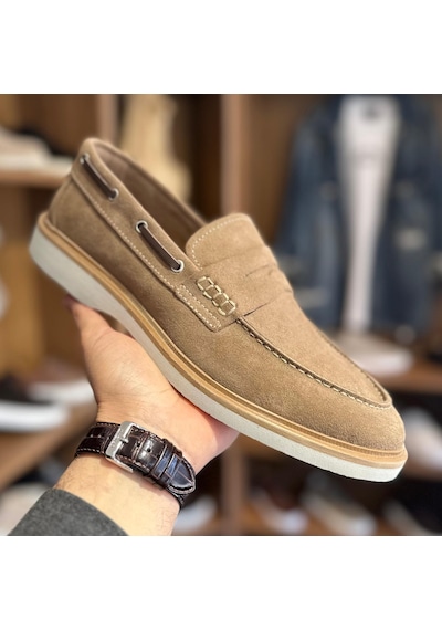 Alza %100 Hakiki Deri Erkek Loafer Günlük Rahat Ve Şık Ayakkabı - Bej Süet