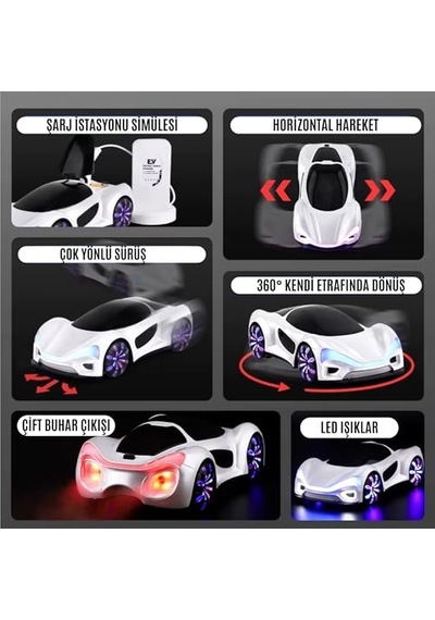 Giffy/oyuncak 2.4 Ghz Uzaktan Kumandalı Şarjlı Elektrikli Araba 4x4 Şarj İstasyonlu Buharlı Led Işıklı Sesli Müzikli Full Fonksiyon 4 Çeker Drift Atabilen 1200 Mah Şarjlı Pilli Premium Beyaz