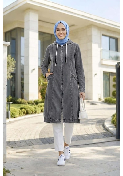 Hb Harma Time Butik Kadın Kapüşonlu Cepli Fermuarlı Gri Kot Kap Gri Gri
