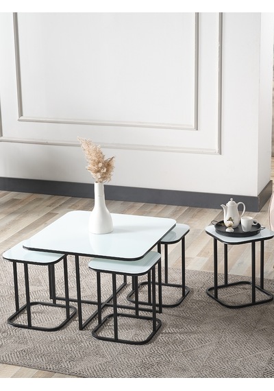 Pelikan 4+1 Beyaz Temperli Cam Siyah Metal Ayak Takım Sehpa Sedaş Living Units Sehpa