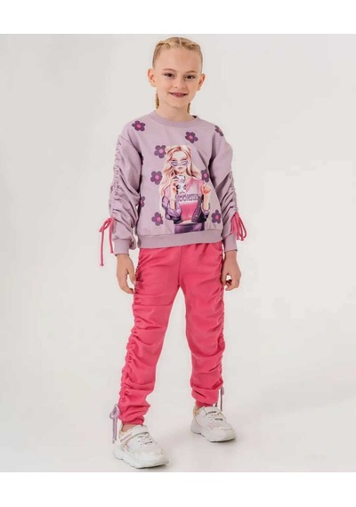 Kız Çocuk Rahat Kesim Sweatshirt Ve Büzgülü Jogger Takım Lila&Pembe