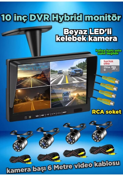 Dvr Hybrid 10'' Ekran Ve 4 Ad Beyaz Ledli Kelebek Kamera Seti 12v