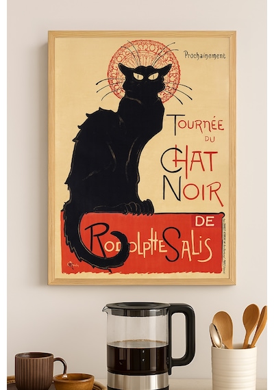 Chat Noir Kedi Doğal Ahşap Çerçeveli Poster, Dekoratif Sanatsal Duvar Tablosu