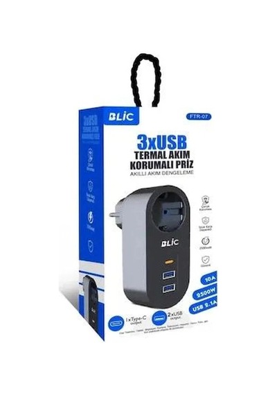 Ftr-07 2xusb 1xtypec Termal Akım Korumalı Isıya Dayanıklı Tekli Priz 0 - 2 M