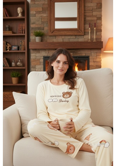 Lela Desenli Regular Fit Bisiklet Yaka Uzun Kollu Bayan Pijama Takımı 65713312 Sarı
