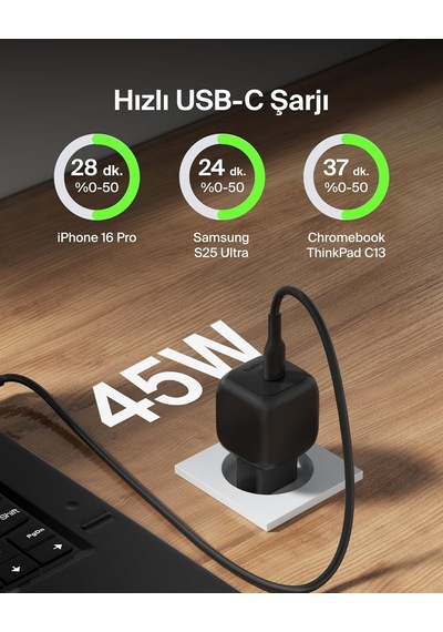Belkin Kompakt Duvar Şarj Cihazı 45 W, Apple Uyumlu iPhone 16, 16 Plus,