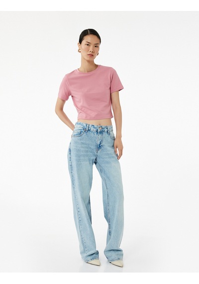 Koton Pamuklu Slim Fit Kısa Kollu Bisiklet Yaka Tişört Pembe 6wak50115ek Gül
