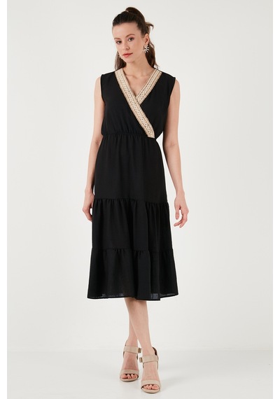 Lela Regular Fit Kruvaze Yaka Midi Bayan Elbise 6118103 Siyah