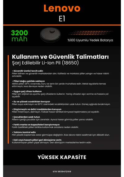 Lenovo E1 Robot Cleaner 3200mAh Robot Süpürge Bataryası