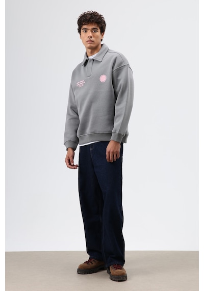Vamos Polo Yaka Oversize Baskılı Yıkamalı Sweatshirt Füme