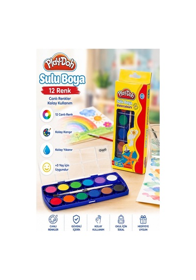 12 Renk Sulu Boya 23mm 1 Paket Play-doh 12 Li Suluboya Fırça Hediyeli Canlı Renkler Kaliteli Yıkanabilir Zararsız Küçük Çok Renkli