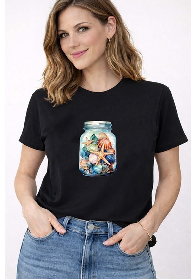 Herkesemoda Kadın Yazlık Deniz Temalı Baskı Detaylı Bisiklet Yaka Pamuklu T-shirt Siyah