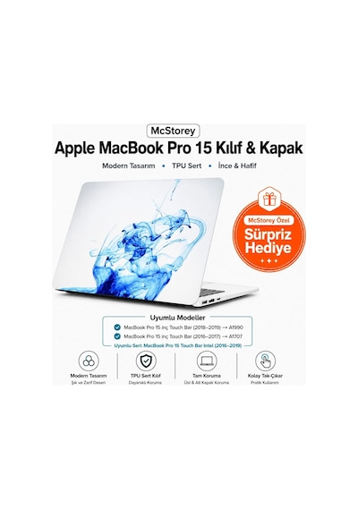 Macbook Pro 15 Renkli Desenli Kılıf A1707 A1990 Uyumlu Baskılı Sert Kılıf İnce Hafif Koruyucu Kapak Mavi