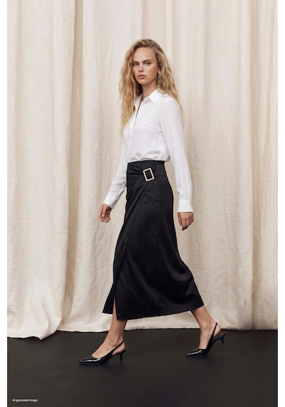 Sateen Toka Detaylı Saten Etek - Siyah-138053