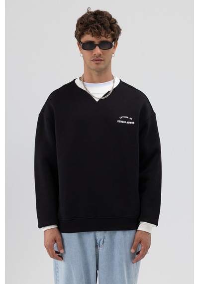 Vamos Oversize Bisiklet Yaka Baskılı Sweatshirt V70-91 Siyah