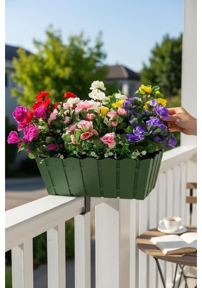 Yapay Çiçek Yeşil Balkon Saksıda Küpeşte Askılı Açelya Çiçeği Karışık Renkli Çiçek Sepeti 50cm