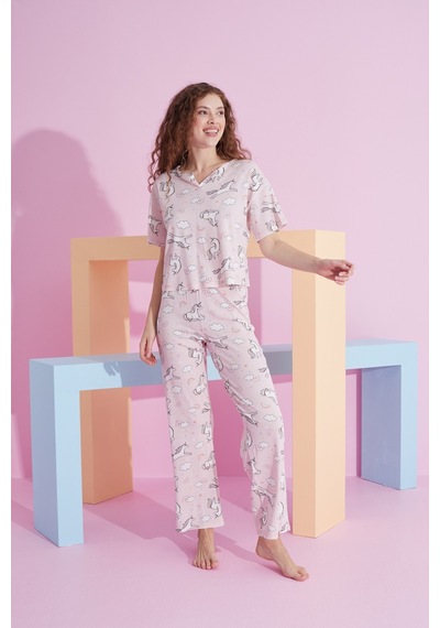 Siyah İnci Likralı Örme Pijama Takım 7803 Pembe Unicorn