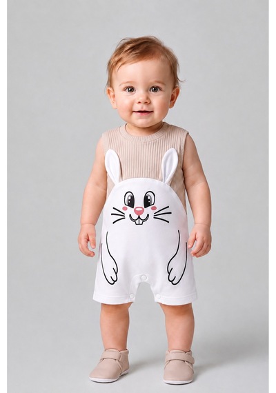 Babyden's Erkek Bebek Tavşan Desenli Yazlık Tulum Fitilli Pamuklu Kolsuz Bebek Tulumu Çıtçıtlı Romper 0-9 Ay Bej