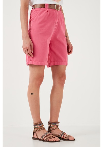 Lela Pamuklu Relaxed Fit Yüksel Bel Kemerli Gabardin Short Bayan Şort 668Yp4710 Fuşya