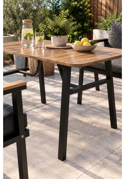 Sulorahome Ahşap Desenli Bahçe Masası Ve Metal Ayaklı Dış Mekan Masası