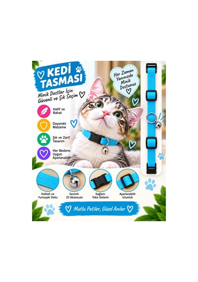 Kedi Tasması Turkuaz Mavi Düz Renk Zilli Ayarlanabilir Klipsli Kumaş Kedi Boyun Tasması