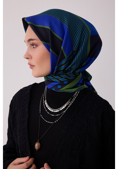 Belli Geometrik Desen %100 Twill İpek Eşarp Be01 Lacivert-yeşil