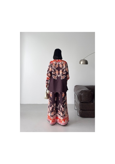 Wellway İthal Chokellaa Kumaş Çiçekli Tunik Gömlek & Pantolon 2li Takım-kahverengi -26126 Kahverengi